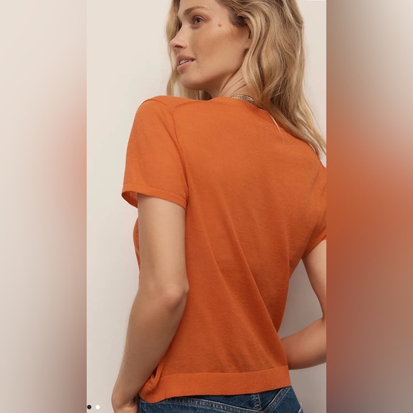 NWT ✨ BY ANTHROPOLOGIE CARDIGAN RUCHED SHORT-SLEEVE V-NECK SWEATER - Picture 2 of 11